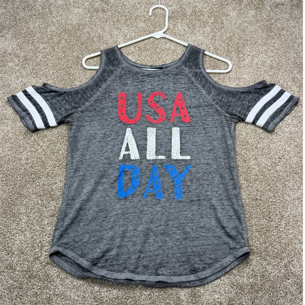 Modern Lux Womens XS USA All Day Cold Shoulder Graphic Tee Grey 4th of July Top